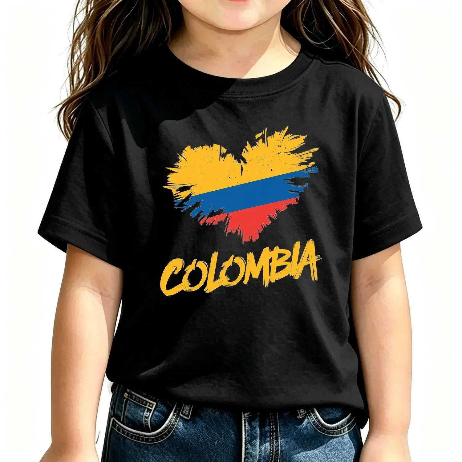 Girls T-shirts Happy Columbus Day Colombia Heart Flag Round Neck Short Sleeve 