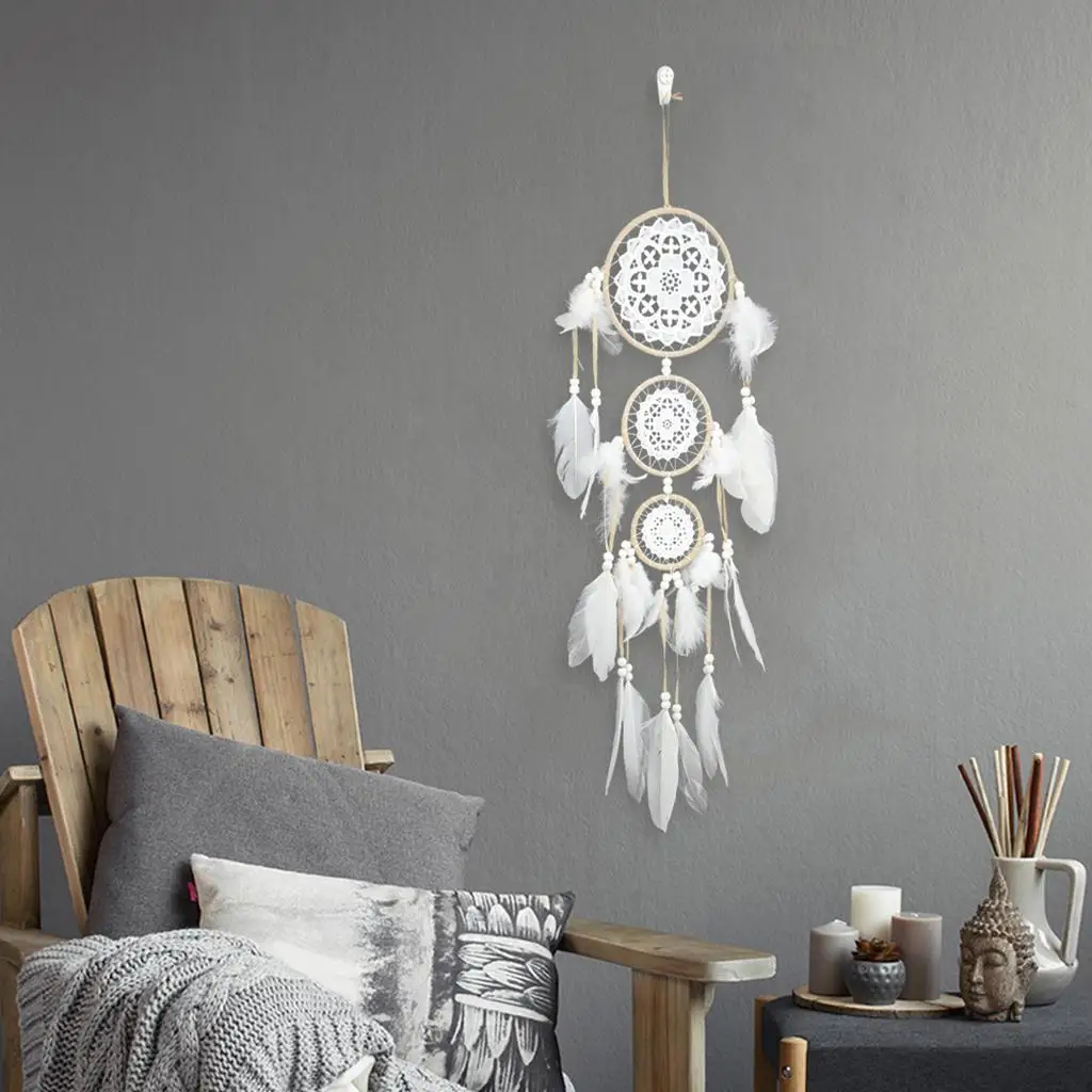 White Round with Feathers Home Wall Hanging Decoration Pendant Ornaments