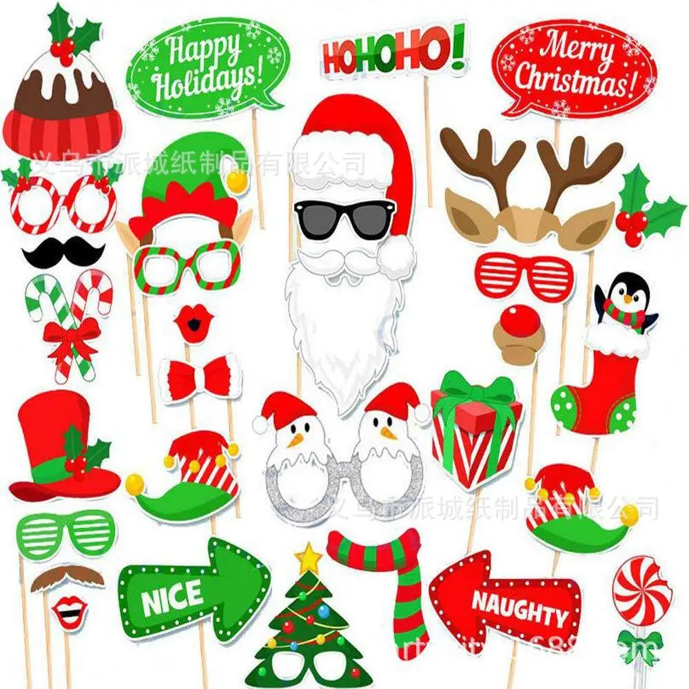 32pcs Photo Props Christmas Photo Booth Props Kit Masks Lips Beard Snowman Santa Claus Xmas Wedding Christmas Party Decoration