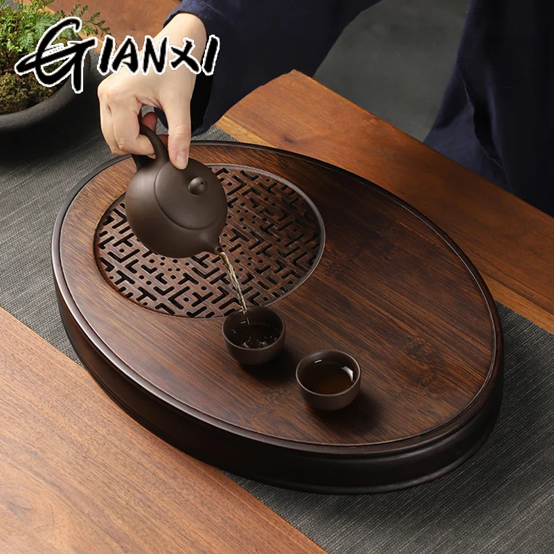 GIANXI Chinese Tea Ceremony Culture Oval Tea Tray Natural Bamboo Hollow Drainage Storage Tea Tray Home Solid Wood Storage Tray