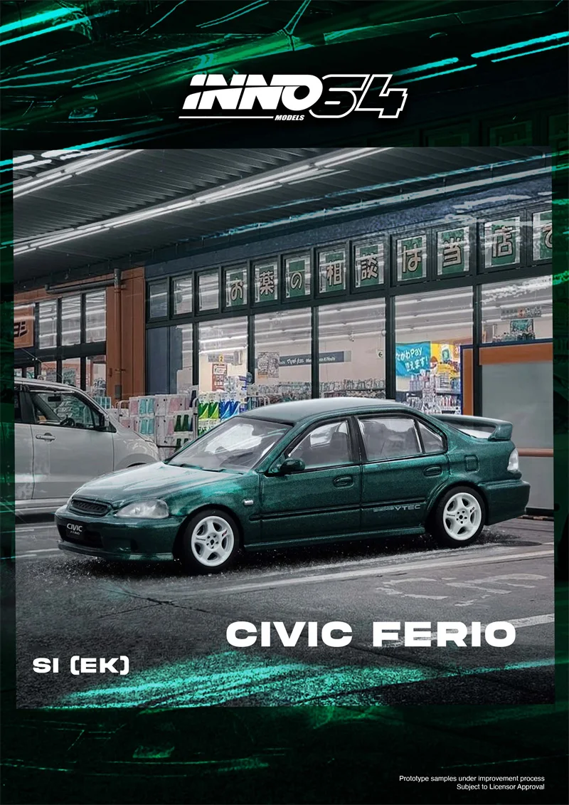 

Предпродажа INNO 1:64 CIVIC Ferio Si EK Зеленая литая модель автомобиля Коллекция миниатюрных моделей
