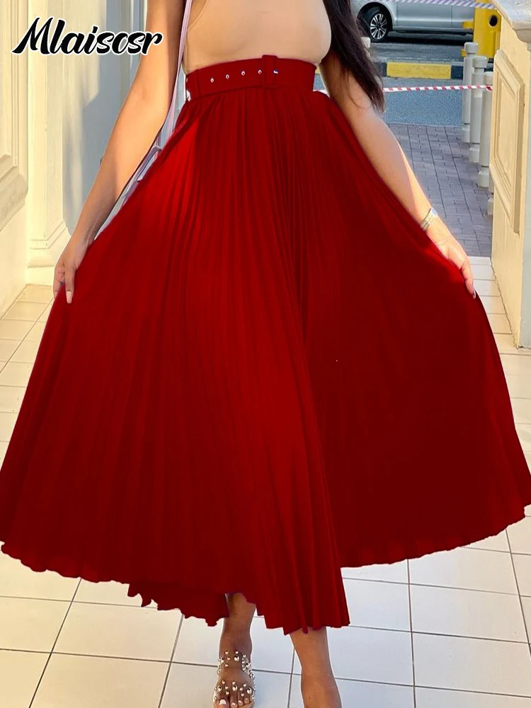 Mlaiscsr African Elegant Purple Pleated Midi Skirt for Women High Waist Flared Swing Skirt Office Church Party Wedding Guest