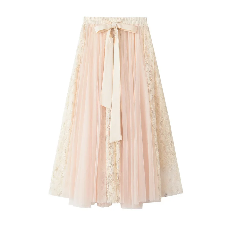 

Women's Spring Dress Versatile Bow Tie Up High Waist Lace Embroidery Spliced Mesh Half-Length A-Line Pleated Skirt