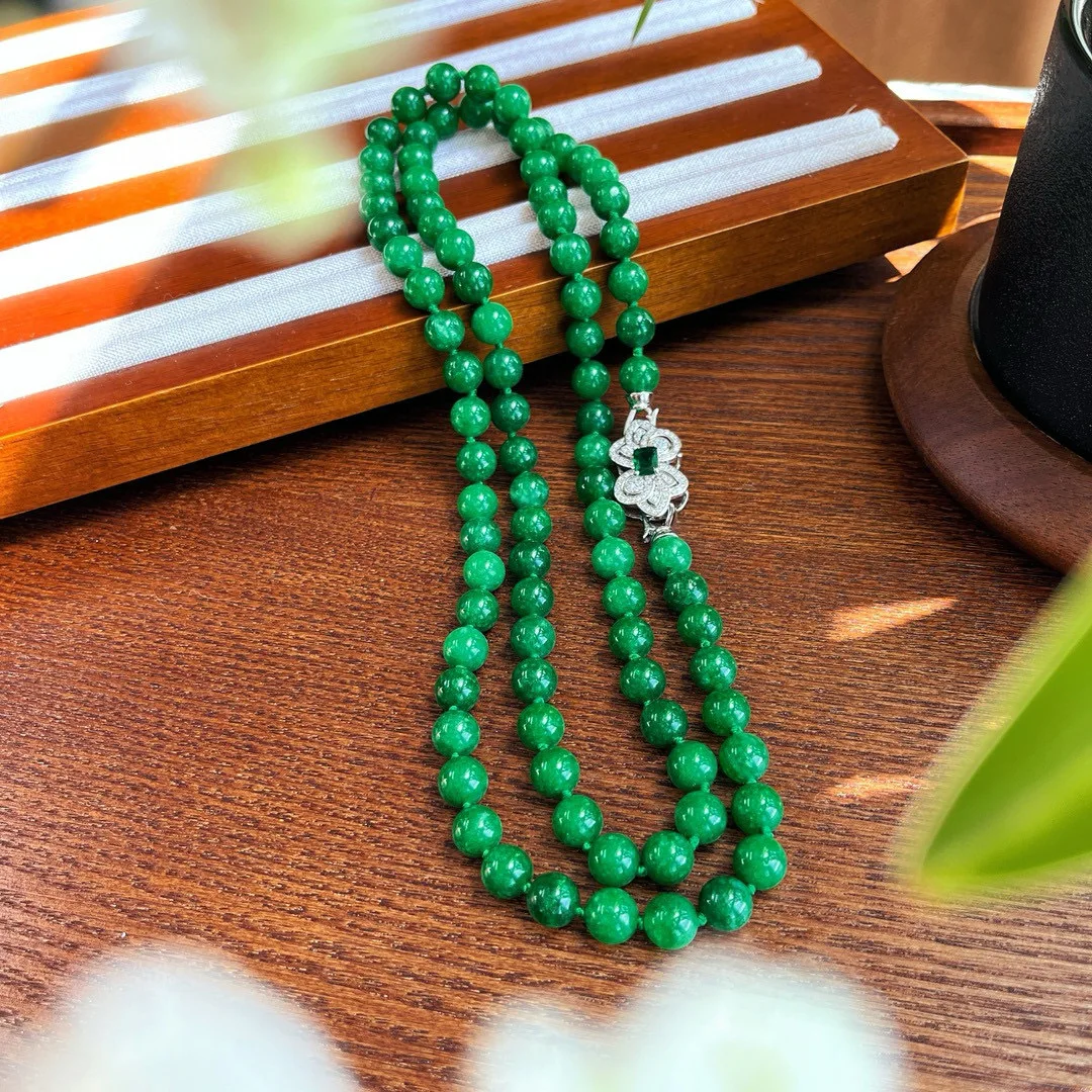 

Original handmade natural stone optimized artificial jadeite dry green retro green double-layer long sweater chain 10mm knotted