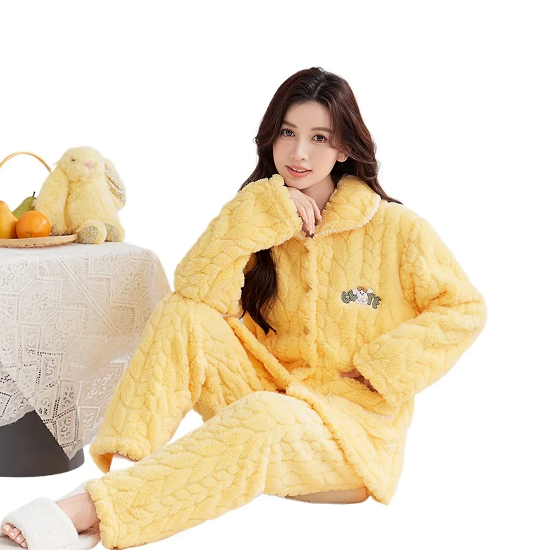 Coral Fleece Pajamas Women's Fall and Winter Fleece Thickened 2026 New Large Size Long-sleeved Cardigan Trousers Loungewear Set