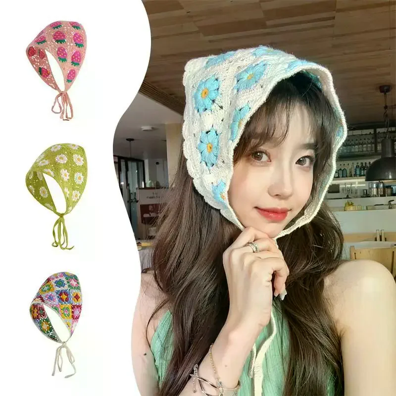 

French Pastoral Style Triangle Headband Knitted Handmade Crochet Headscarf Retro Lace Sweet Kerchief Hair Accessories
