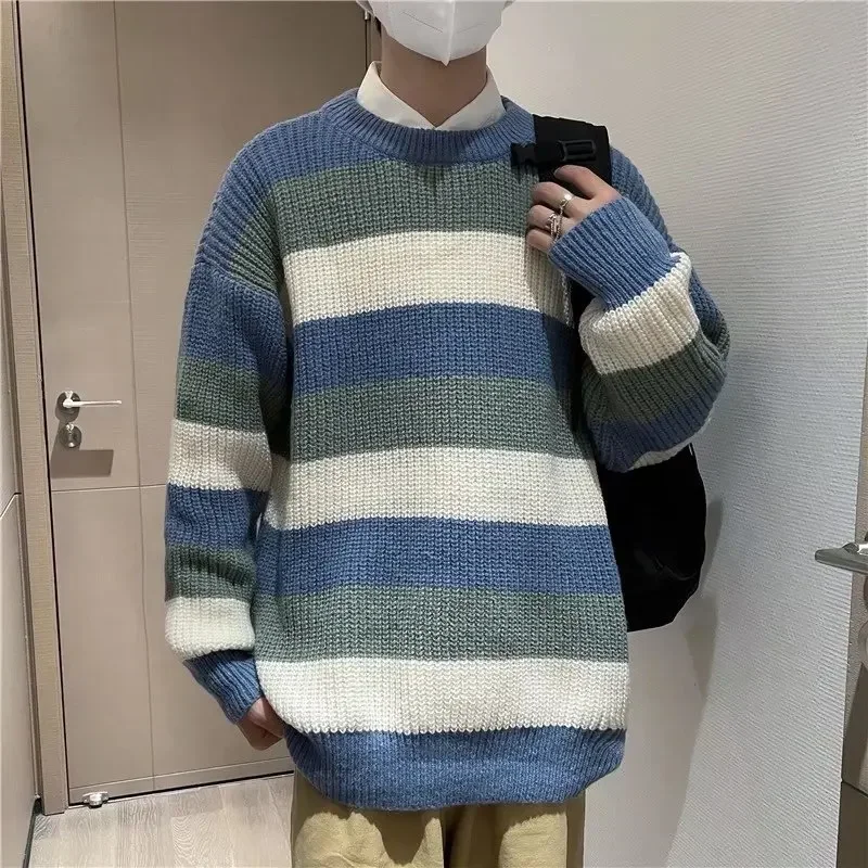 Мужские полосатые свитера с круглым вырезом, вязаные пуловеры, осень-зима 2021, свободные теплые винтажные трикотажные изделия для пар, мягкие топы с длинными рукавами