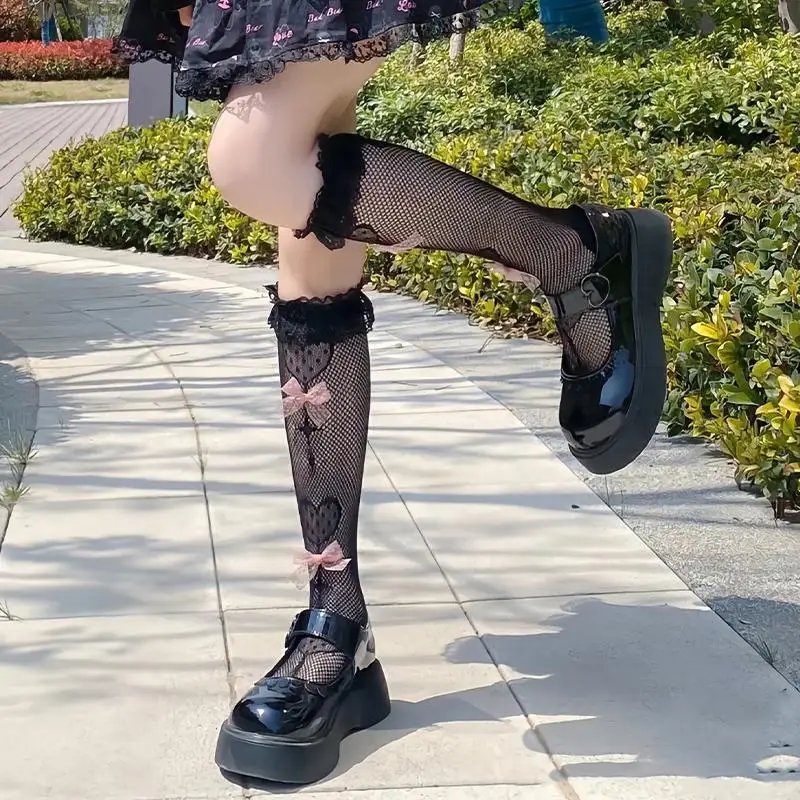 Student Style Bow Tie Lace Calf Socks Womens Lolita Sweet 1 Pair JK Japanese Mesh Fishnet Mid Calf For Festivals