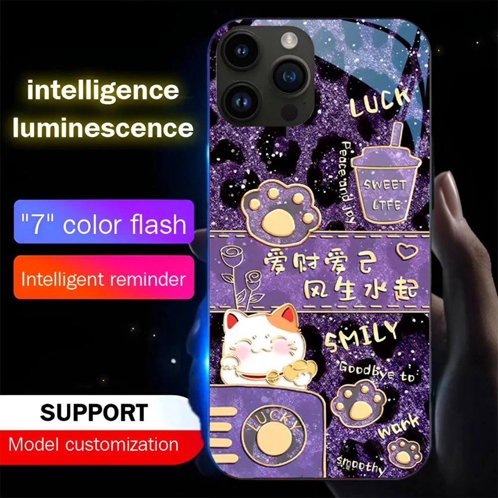 Luxuriöse Glückskatzen-Schutzhülle mit Soundsteuerung und LED-Blitzlicht, leuchtende Glasabdeckung für iPhone Air 17 E 16 E 15 14 13 12 11 Pro Max Plus – Detail 11