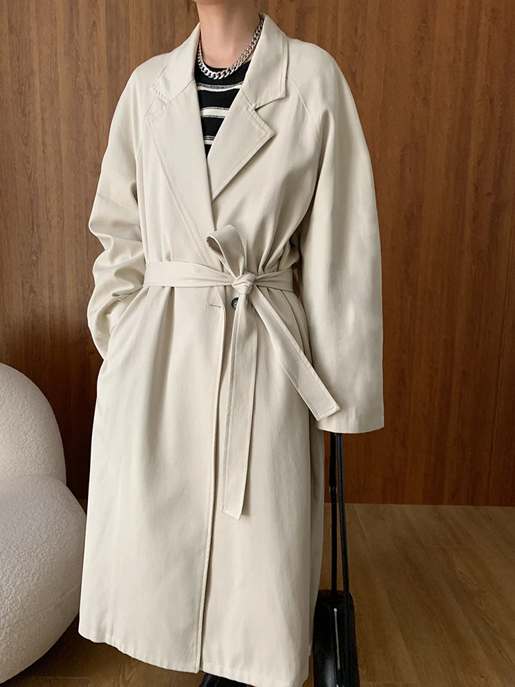 [EAM] Women Beige Belted Big Size Long Elegant Trench New Lapel Long Sleeve Windbreaker Fashion Tide Spring Autumn 2024 1DH6599