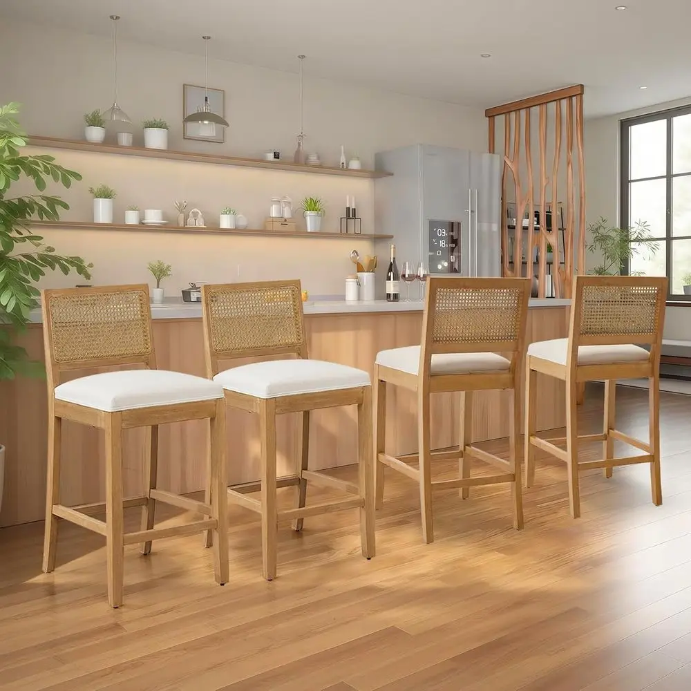 

Square Back Rattan Bar Stools Set o 4, 28“ Counter Height Stools with Linen Cushion, armhouse Kitchen Island Stools or 36-40“ Ba