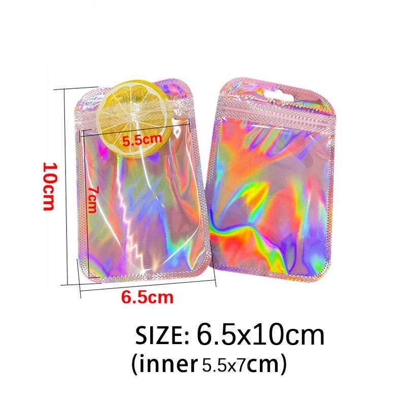50 stuks iriserende zelfsluitende zakken roze laser plastic zakjes hersluitbare ritssluiting verpakking voor sieraden display retail tassen