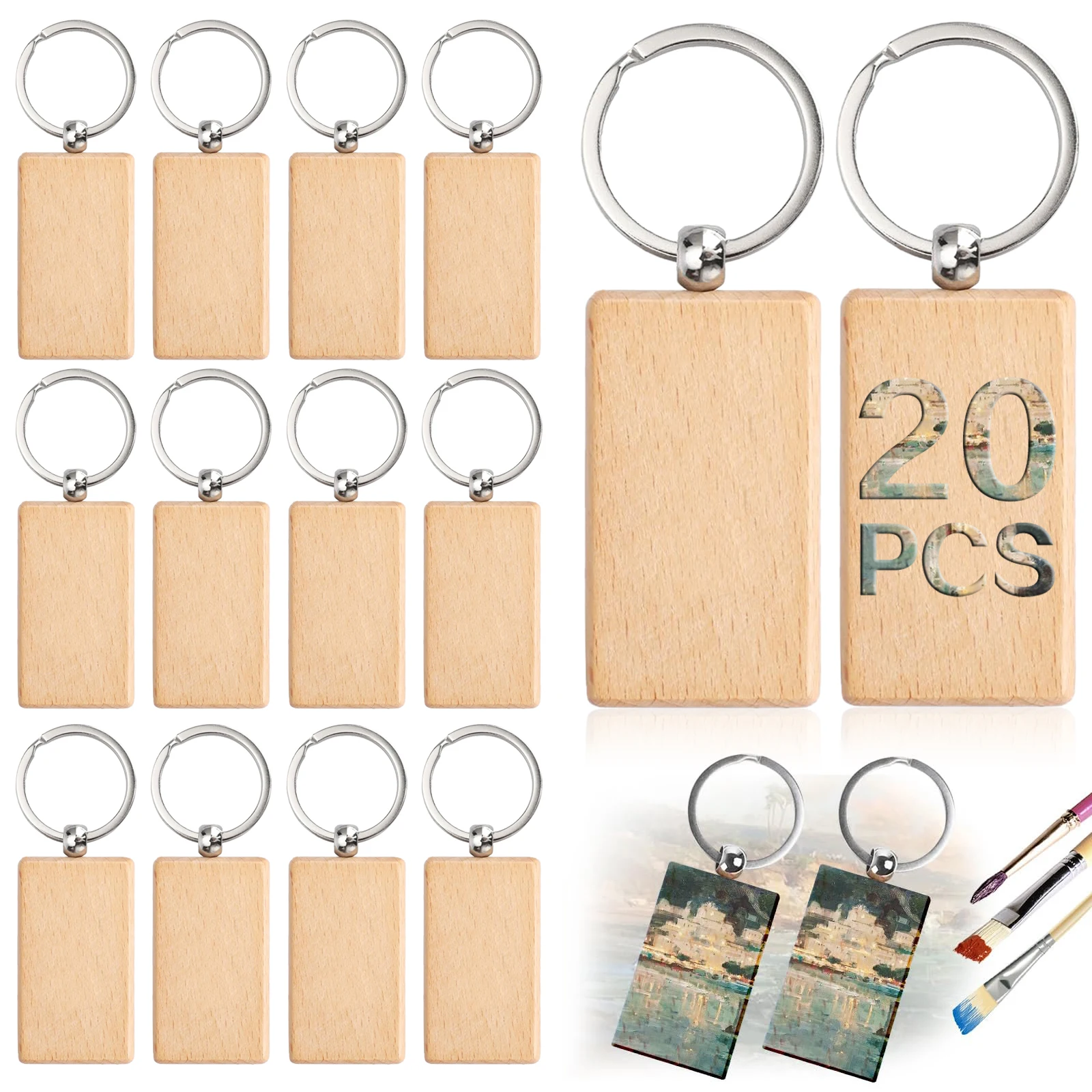

20Pcs Blank Wooden Key Chain Rectangle Key Chain Tags Wood Keychains Key Ring for DIY Craft wholesalers
