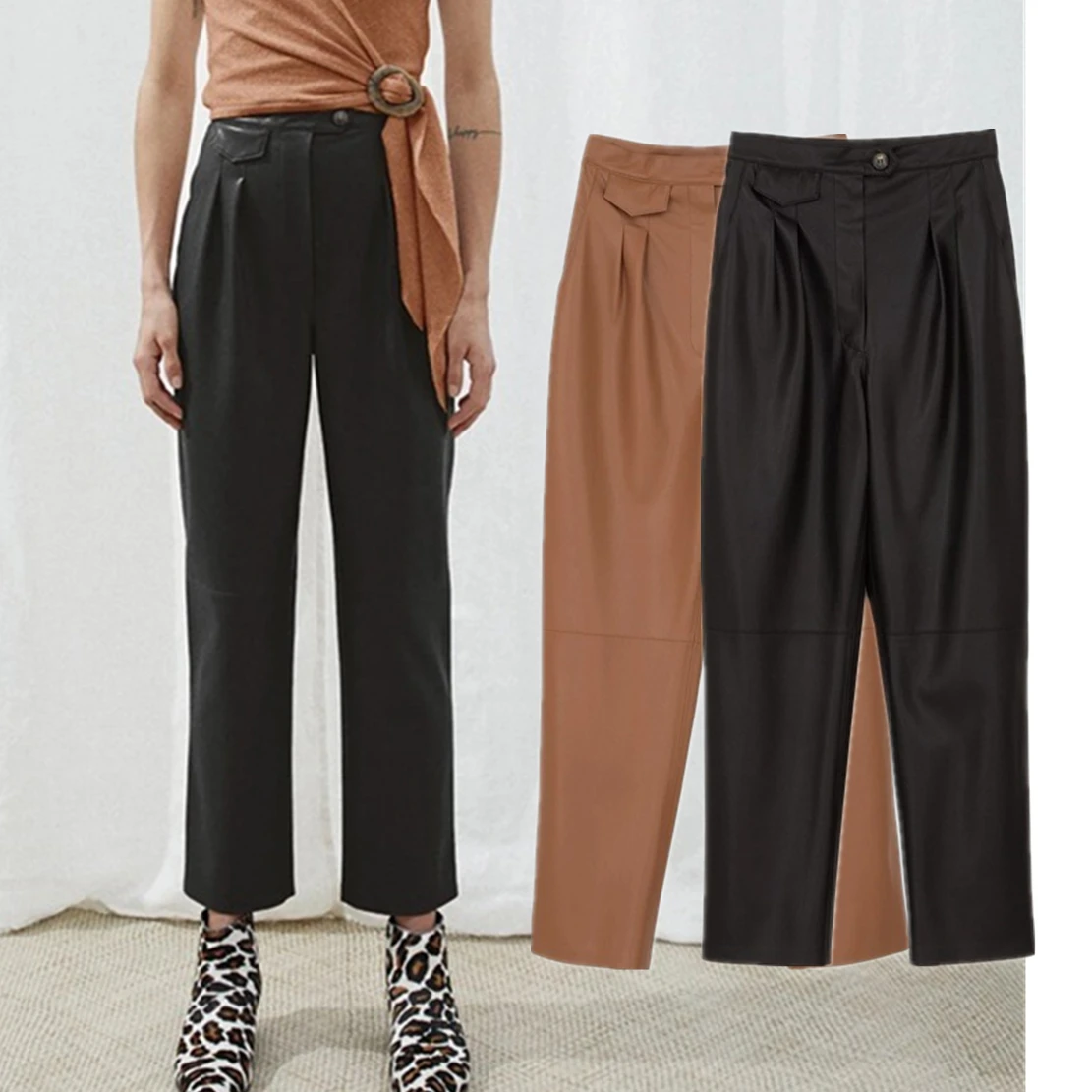 

Jenny&Dave Minimalist Fashion Women Casual Versatile Artificial Leather Straight Leg Casual Pants Commuter Cropped Pants Womens