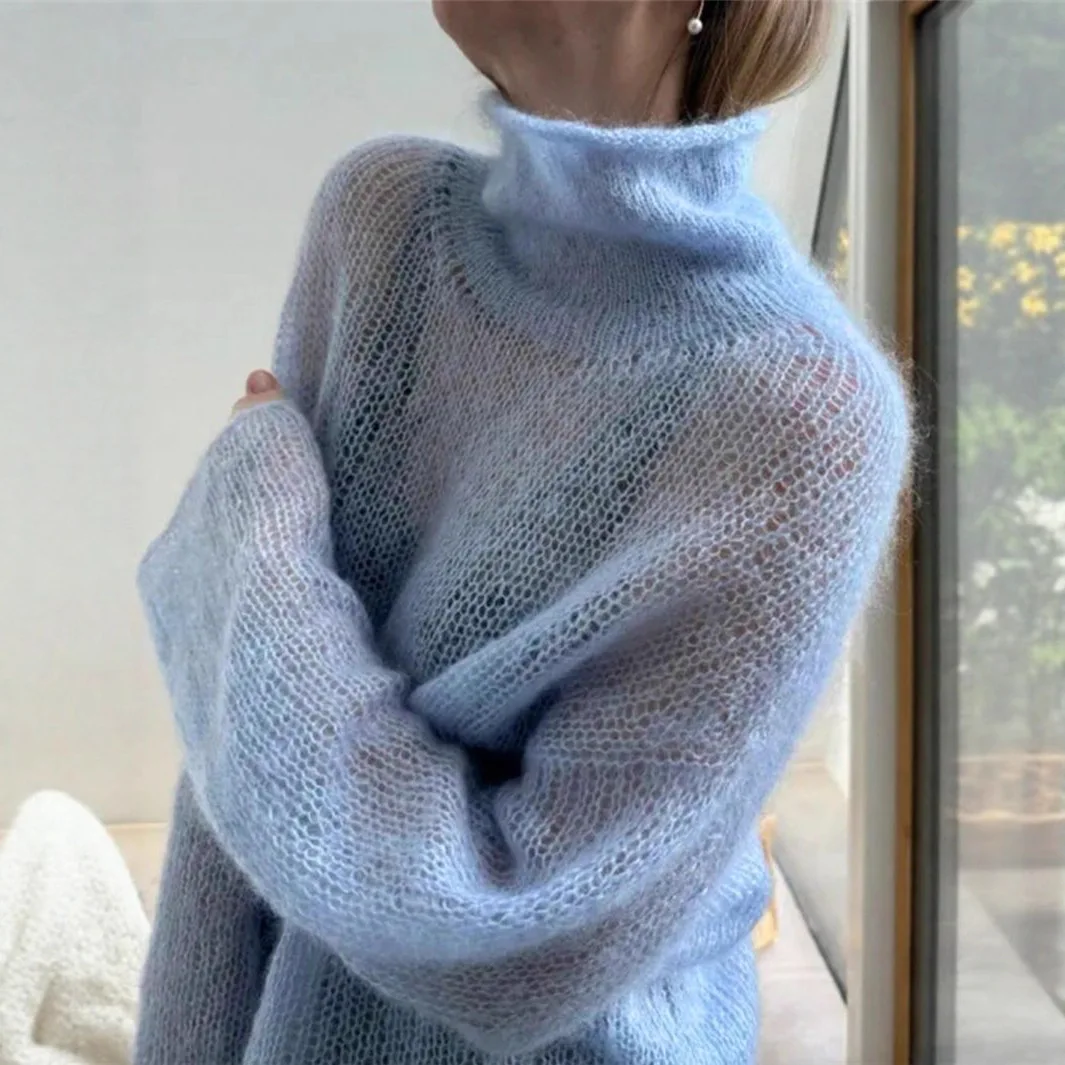 KIDCRKJ Women'S Casual Sweater Comfortable Pullover in Light Blue Turtleneck Thin Soft Cover Up Sweater Full Sleeves Knitwear