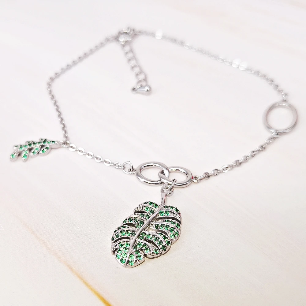 DreamCarnival1989 New Charms Bracelet for Women 20 cm Tropical Leaves Emerald Green CZ Party Fashion Jewelry DreamCarnival1989