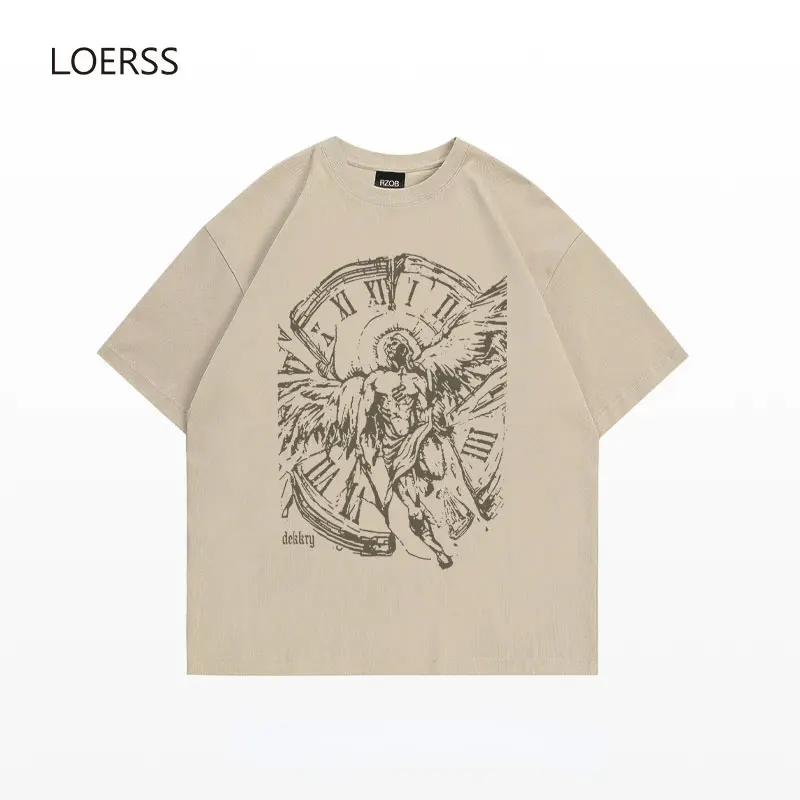 LOERSS T-shirt Gothic Print Oversized Short Sleeve Y2K Vintage Half Sleeve Top Niche Design Summer Men and Women Couple Tee