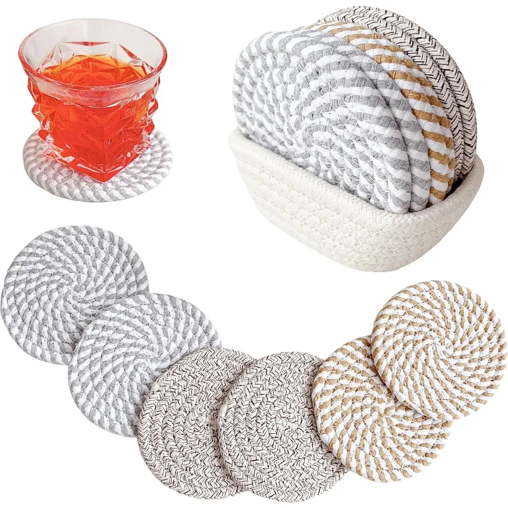 

Drink Coasters with Storage Basket, Handmade Woven Cotton Absorbent Coaster Set of 6, Minimalist Home Decor