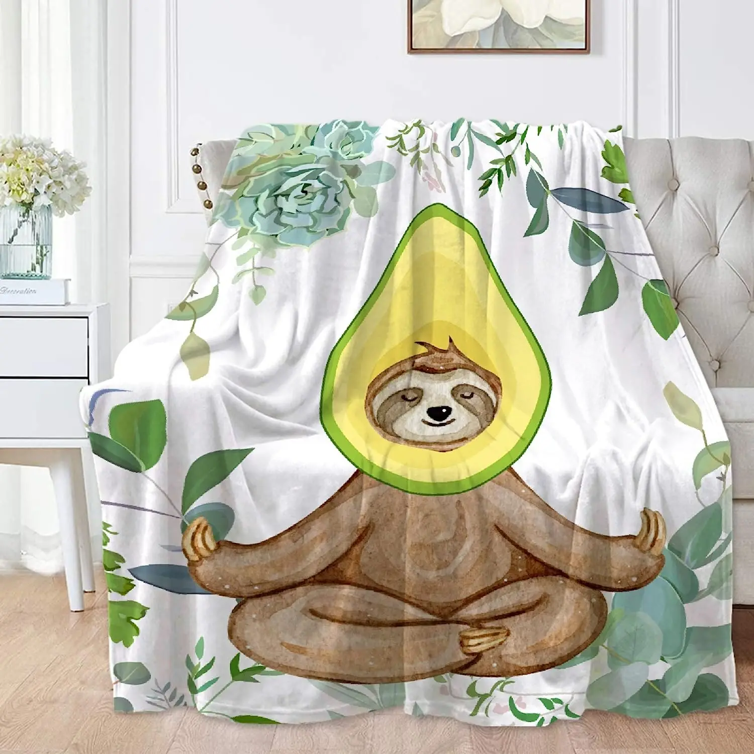 Meditating Sloth Wearing Avocado Headgear Soft Blanket for Couch Bed Camping Cute Animal All-Seasons Home Decor- Gifts