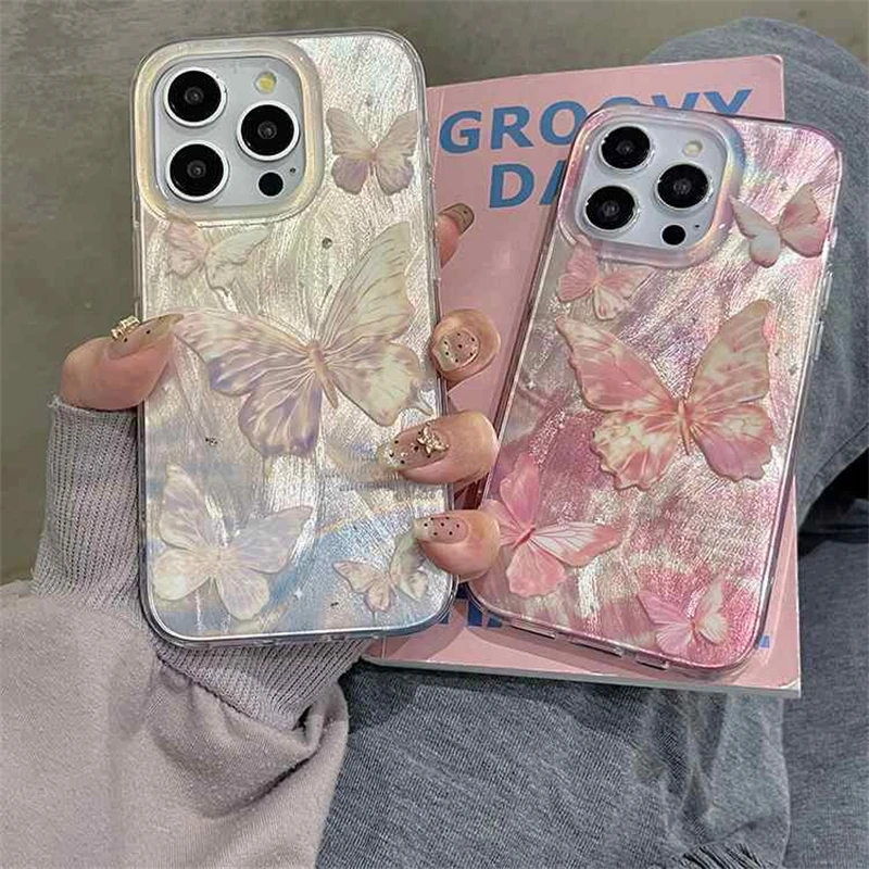 

Розовый чехол для телефона с градиентной бабочкой для IPhone 17 Pro Max 16 15 14 13 12 11 PRO Mini Plus 17 Air Creative Feather Pattern Cover