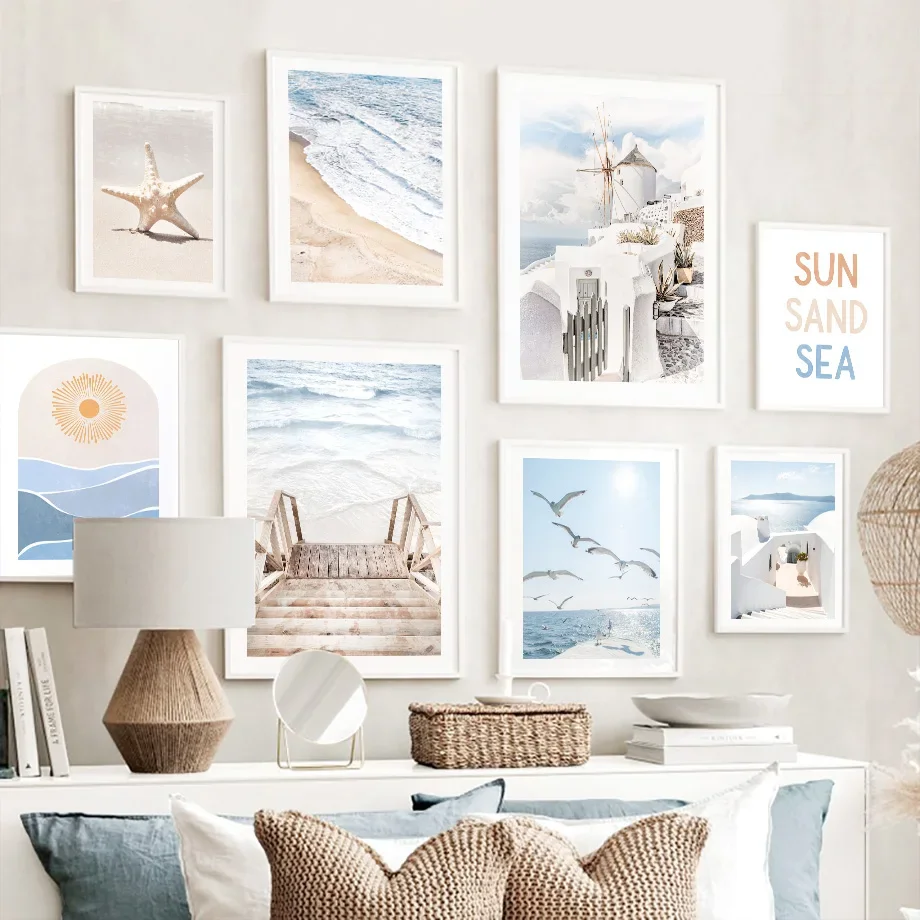 

Sea Beach Starfish Waves Brid Sun Santorini Ocean Wall Art Canvas Painting Poster And Prints Wall Pictures For Living Room Decor
