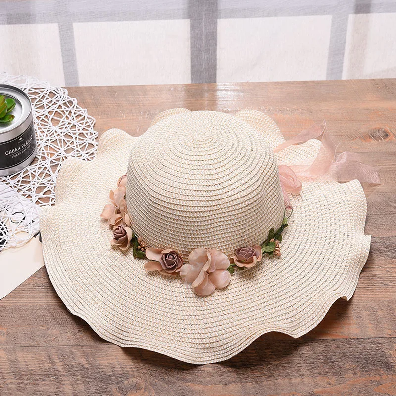 New Korean Women's Floppy Sun Hat - Wide Brim Straw Beach Hat with Flower for Outdoor Sun Protection
