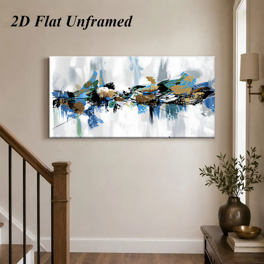 1 modern abstract art frameless decorative painting, blue, gold, black abstract brushstrokes, living room, bedroom, foyer, moder
