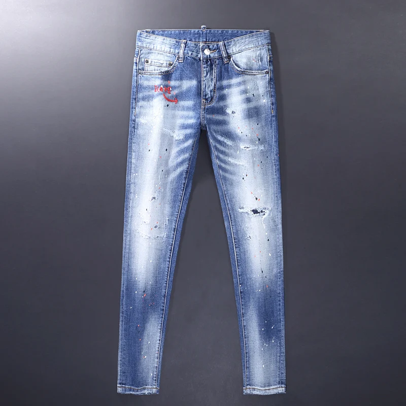 Men's Street Fashion Light Blue Retro Painted Slim Fit Jeans Elastic Corrugated Designer Hip-Hop Brand Pants