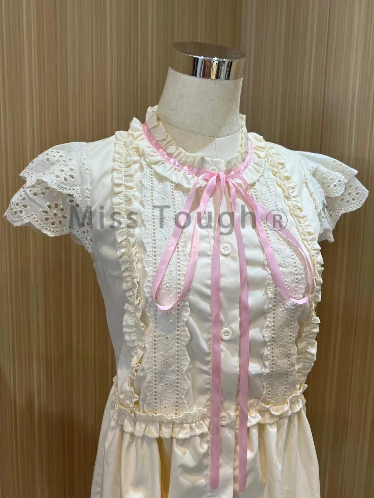 Flying Sleeve Lolita Kawaii Dress Women Ruffles Lace Japanese Sweet Mini Dress Female Dress Pure Colour Cute Fashion Dress 2023