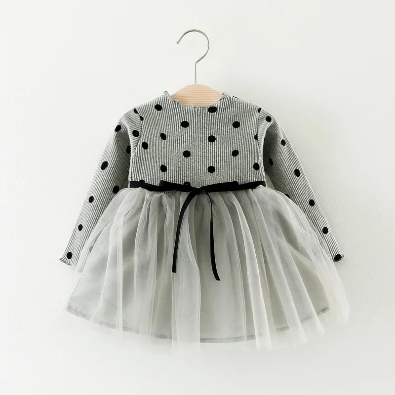 Vestido de manga larga para niñas, ropa de otoño y primavera, tutú de lunares, vestido de encaje para bebés