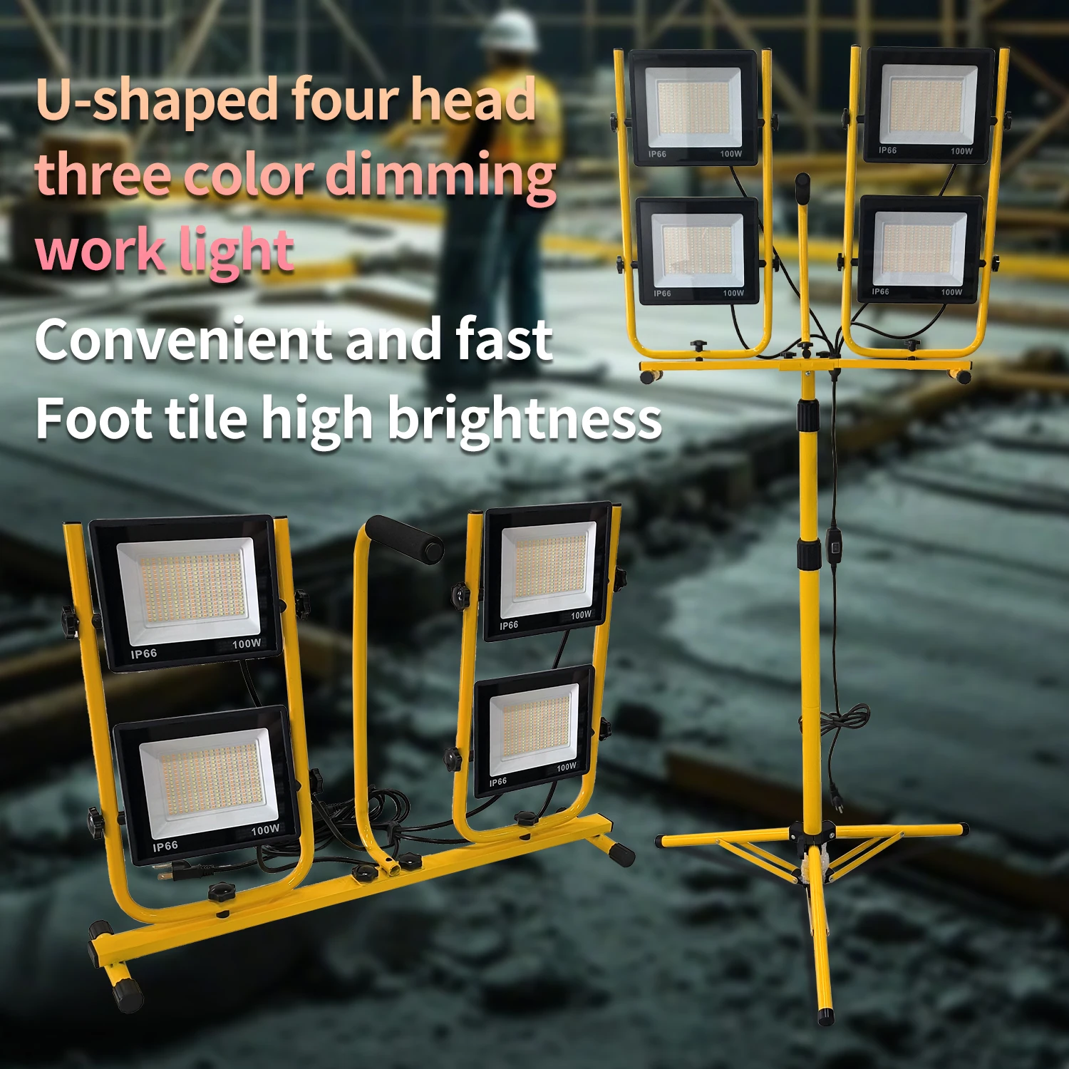 

40000 Lumen LED Work Light with Stand 4-Head 400W Portable Tripod Adjustable 3000K-65000K Waterproof with 16.5FT Cord