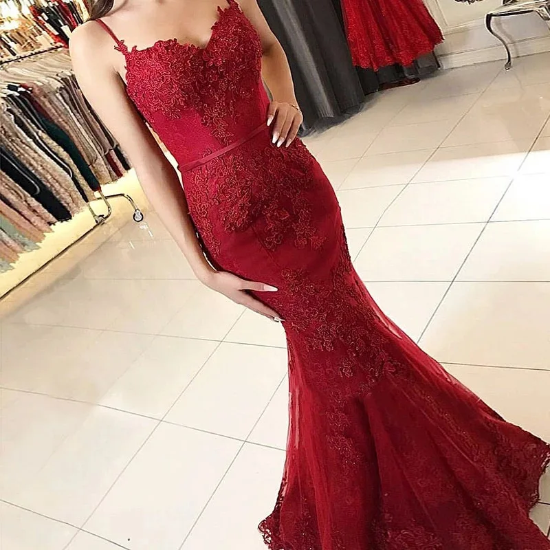 

GUXQD Burgundy Spaghetti Straps Women Evening Dresses Appliques Backless Prom Party Gowns robes de soirée Vestido De Noche