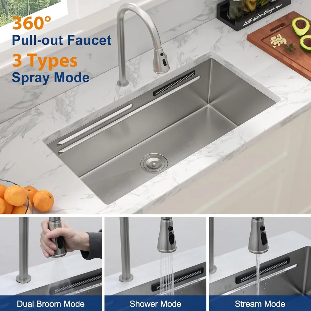 حوض مطبخ من الفولاذ المقاوم للصدأ بقياس 16 مع حافة شلال ومحطة عمل، 33 بوصة، متعدد الوظائف للطهي الحديث #6