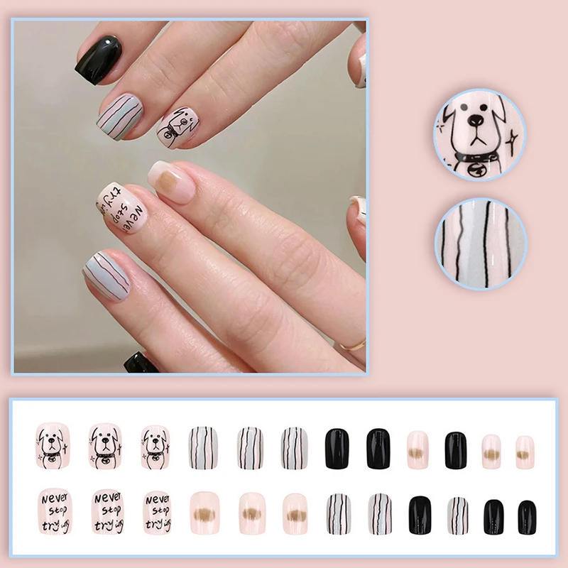 

24Pcs Press On Nails Puppy Lines Pattern Fake Nails Glossy Artificial Finger Manicure Reusable False Nails For Women