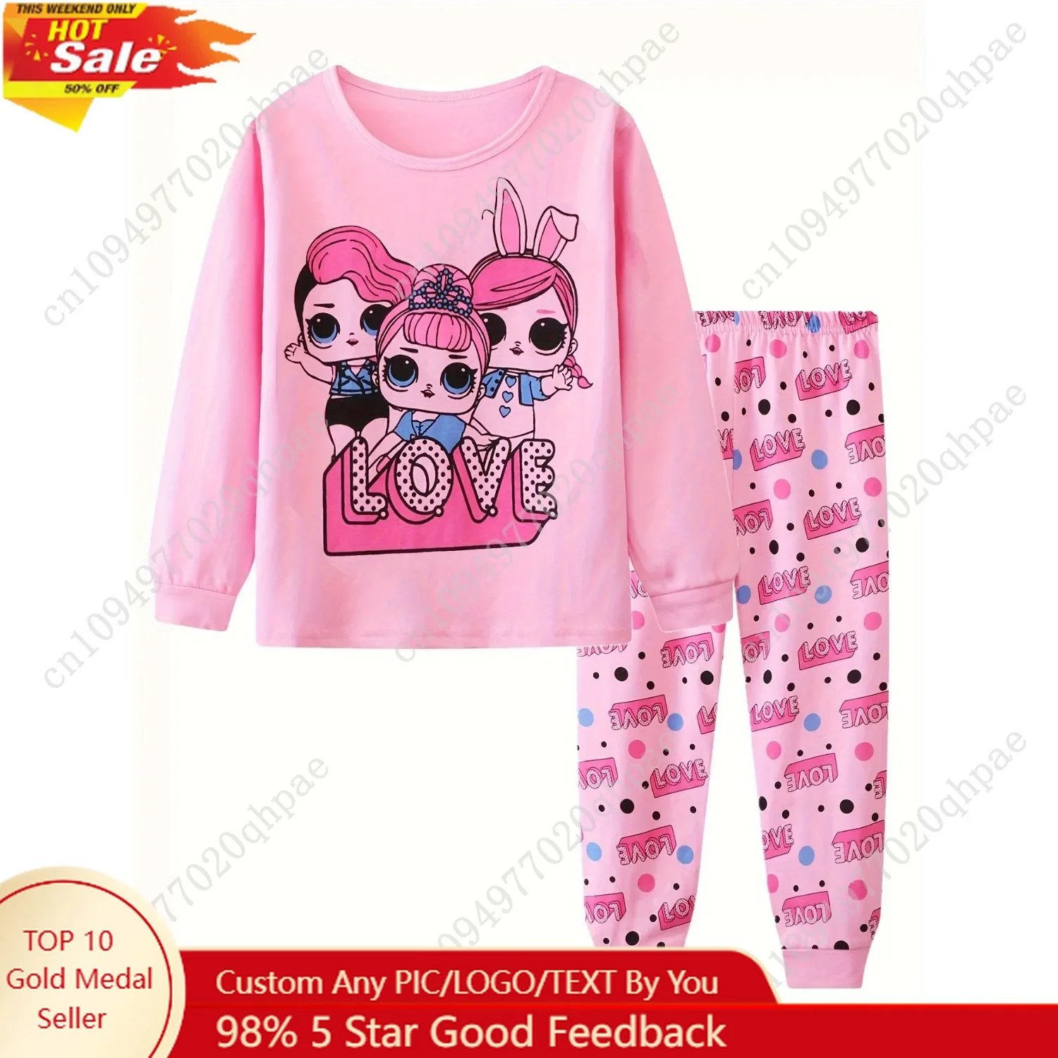 Set pigiama in cotone da 2 pezzi per bambina, modello per ragazze dei cartoni animati, girocollo, top a maniche lunghe e pantaloni con stampa completa, set pigiama casual F