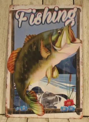 Fishing Tin Sign Rustic Vintage Style Man Cave Marina Dock Bait Shop Fish