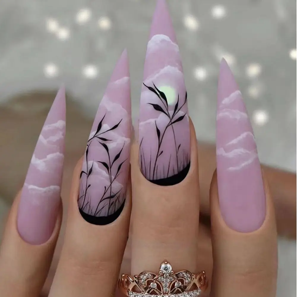 24 Stuks Lange Puntige Stiletto Volledige Cover Kunstmatige Nep Nagels Vlekkerig Glitter Roze Dragen Herbruikbare Valse Nagels Pers Op Nail Art