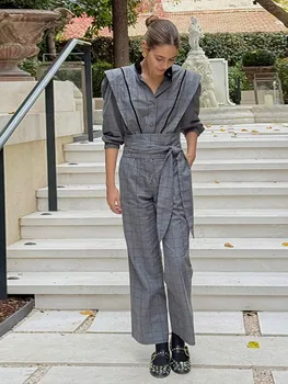 세련된 여성 격자 무늬 점프 슈트 패션 옷깃 레이스 업 벨트 긴 소매 패드 어깨 스트레이트 바지 2025 New Lady Commute Daily Wear