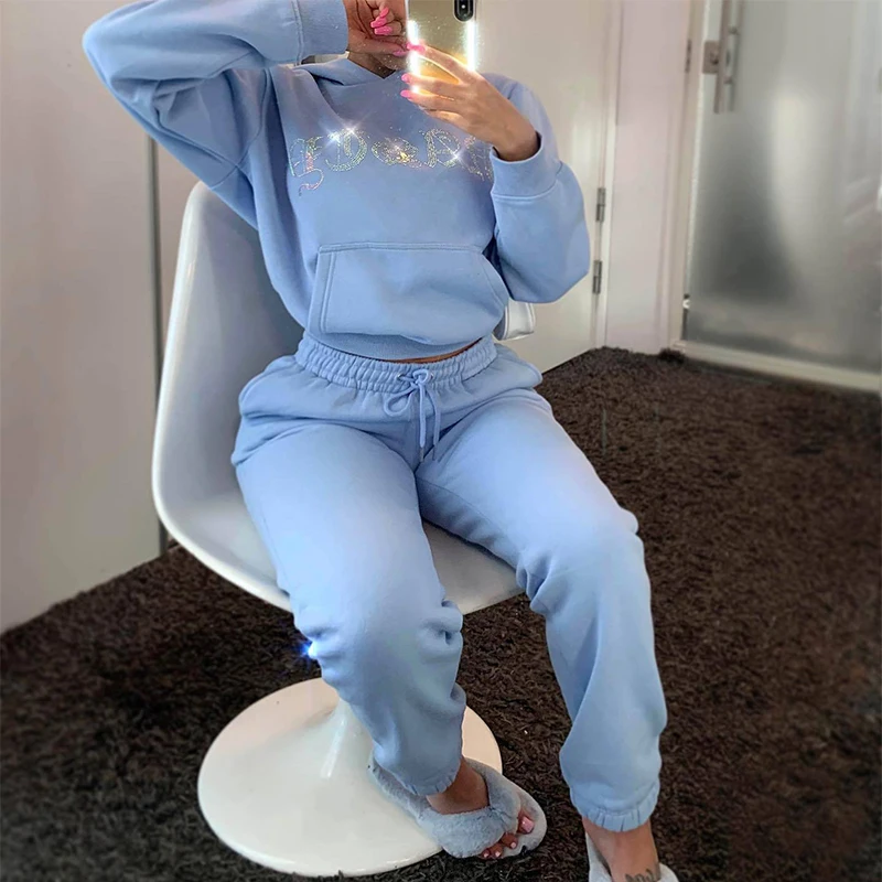 Rhinestones Velvet Tracksuits Streetwear Jogging Two pieces Women Set Hooded Jogger Pants Outfits