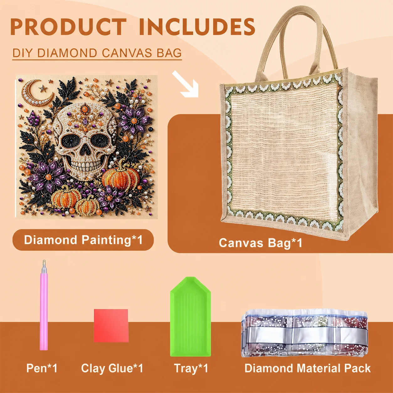 Halloween Skull Pumpkin DIY 5D Pearl  Painting Jute Tote Bag Handmade Craft Bag