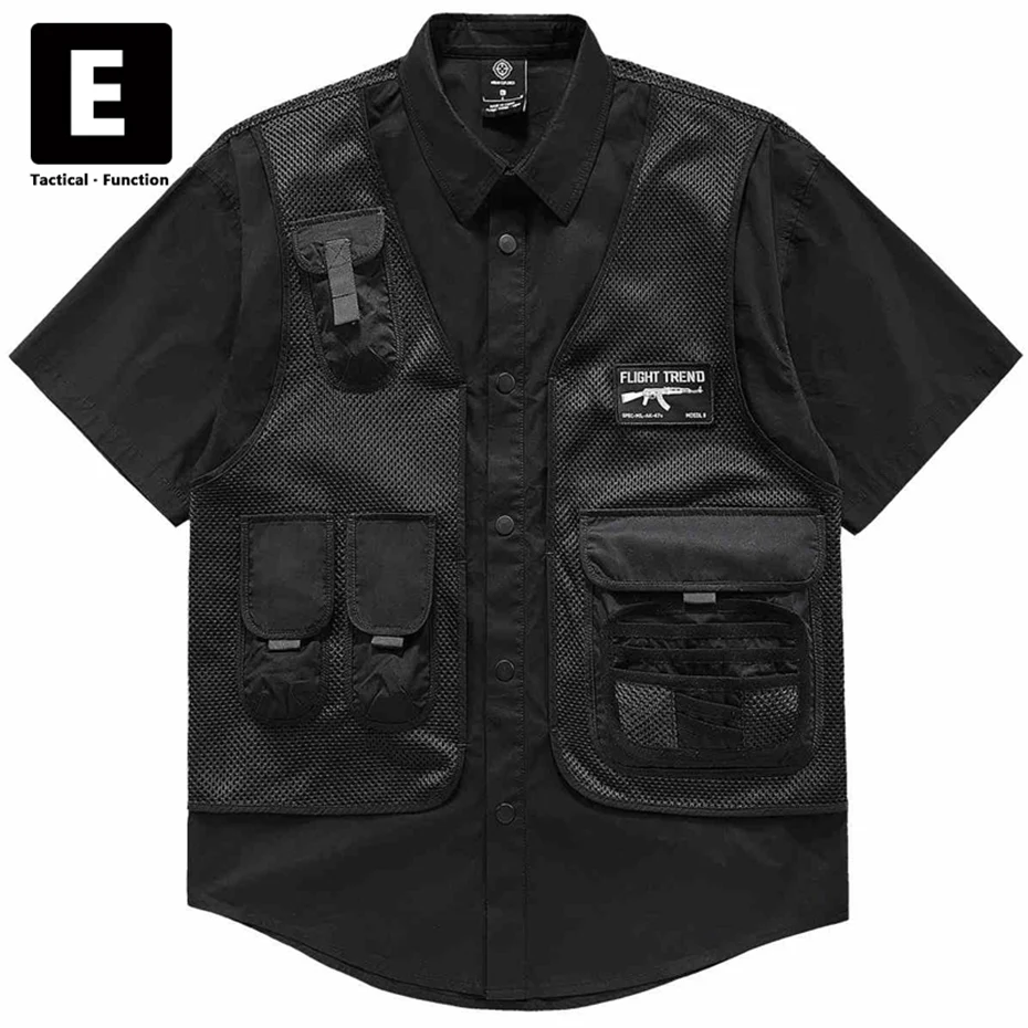 

Black Cargo Shirt Men Summer Short Sleeve Shirts Multiple Pockets Techwear Tactical Button Tops Hip Hop Streetwear Male