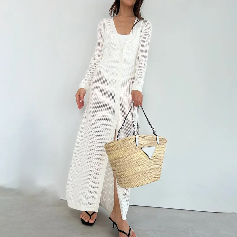 

Crochet Hollow Out White Long Dress Women V Neck Long Sleeve Sexy Holiday Dresses Summer Elegant Bikini Knitted Cover-up 2024