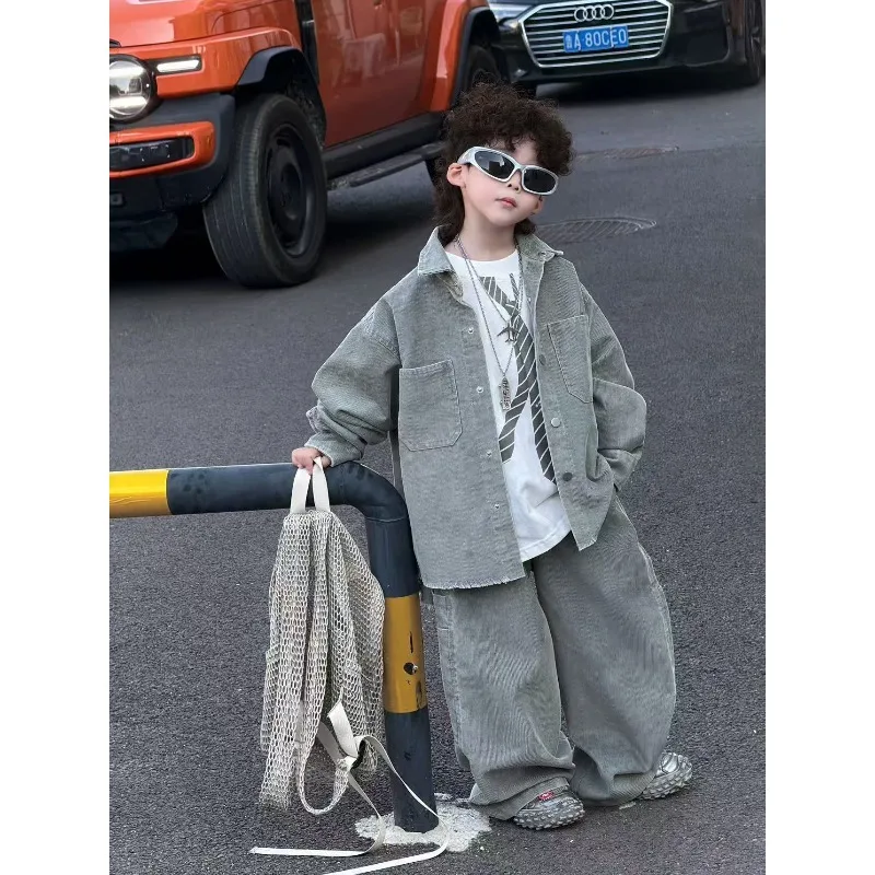Boys Do Old Corduroy Suit Children's Casual Fashion Lapel Long-sleeved Jacket + Loose Trousers Trendy Two-piece Set