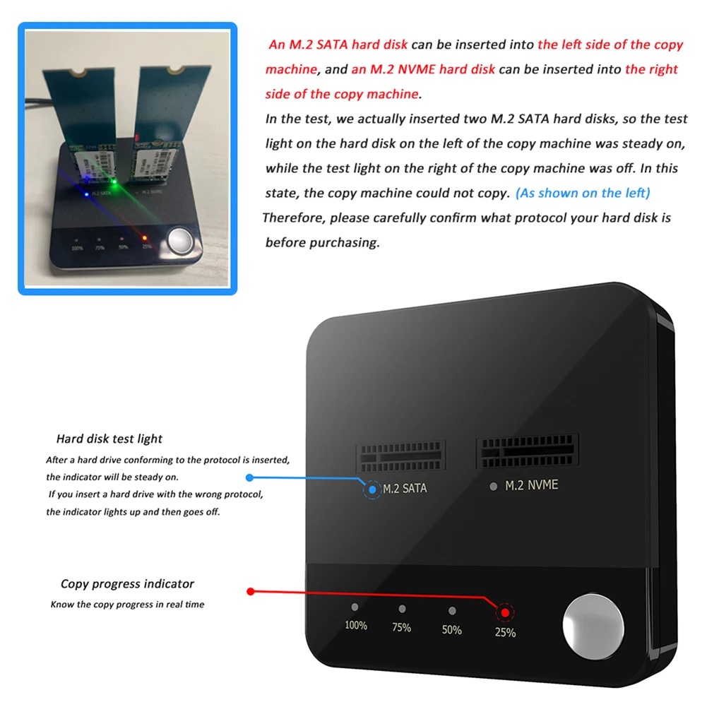 Imagem -06 - Sata e Nvme Dual-bay Ssd Copiadora de Disco Rígido Hard Disk Docking Station Externo com Clone Offline para m2 Hdd Reader m2