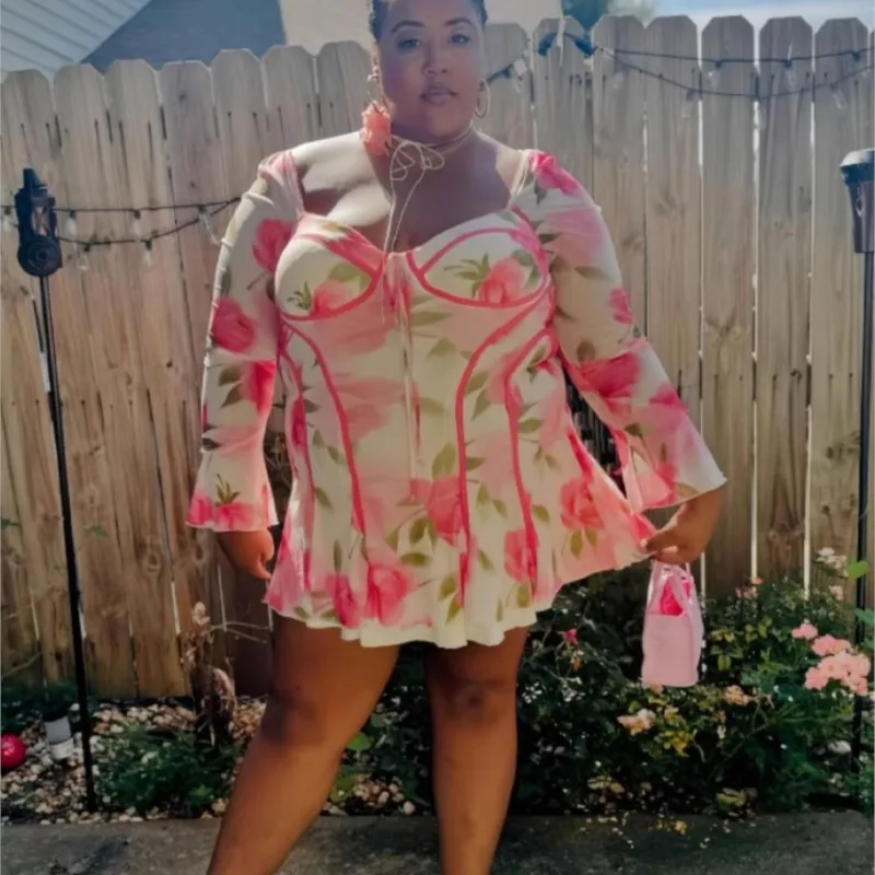 ผู้หญิงแฟชั่นชุดลําลองแขนยาว Tie Ruffle ดอกไม้ชุด Full Body พิมพ์เซ็กซี่หญิง Night Club Vestido