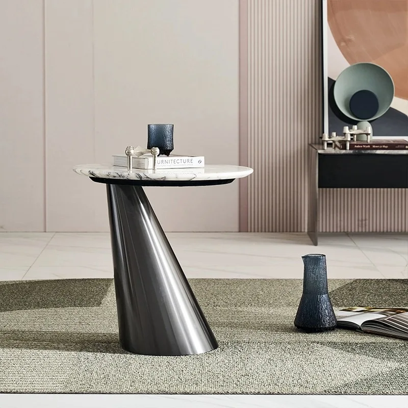 Italian-style Modern Minimalist Non-extendable Side Table Natural Marble Light-luxury Stainless-steel Sofa End Table/Living Room
