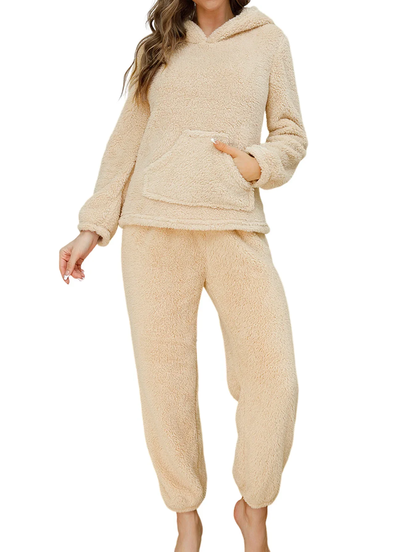 

2 Set Winter Thickened Soft Plush Women Flannel Pajamas Set Long Sleeve Hoodie Fleece Loungewear Casual Warm Fuzzy Lounge Set