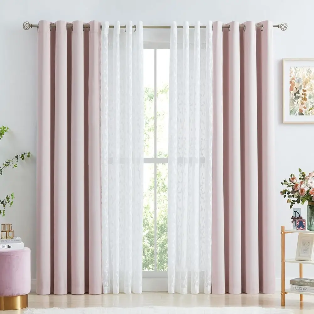 Gorden Transparan Renda Pink & Putih dengan 2 Panel Blackout, 100% Penghalang Cahaya, 52x84, Model Grommet