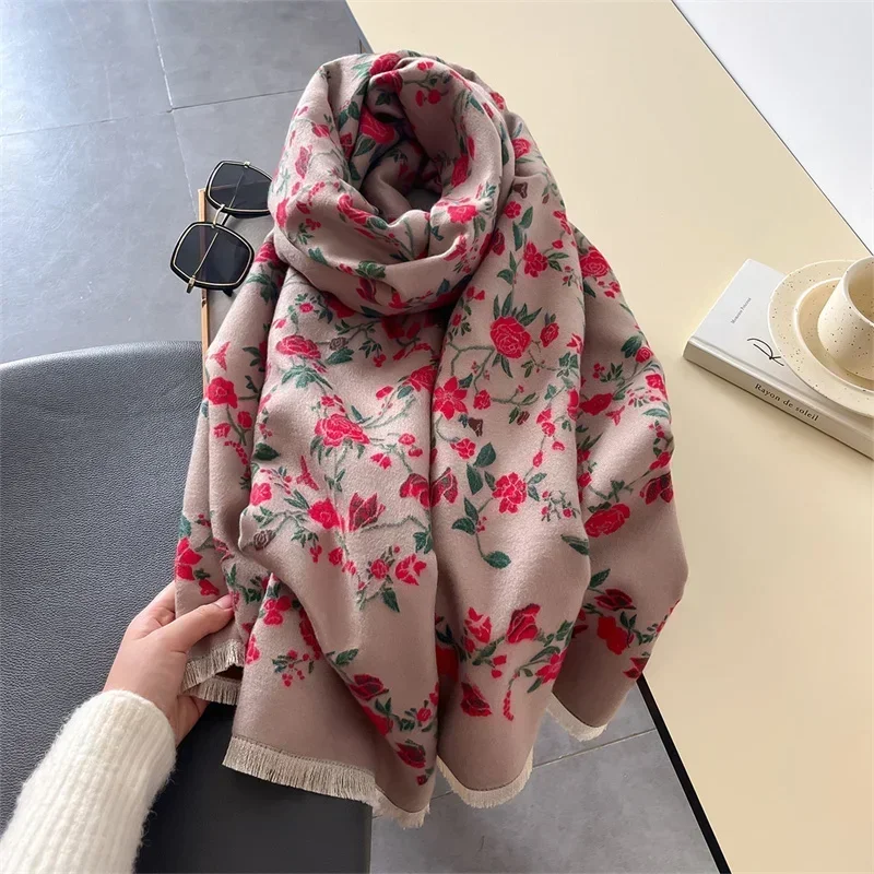 Warm Shawl Women Scarf Luxury Cashmere Winter Blanket Wraps Casual Floral Print Pashmina Bufanda Travel Poncho Stoles Echarpe