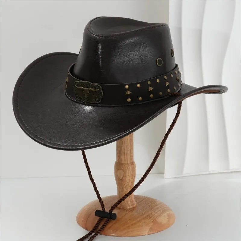 Men's and women's leather hats with metal heads rivets accessories belts motorcycle vacations outdoor photography